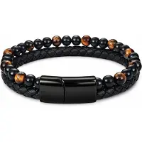 Memphis Heren armband zwart leer Tijgeroog kralen Edelstaal magneet sluiting - 18.5cm