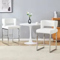 OKWISH Barkruk 91,4 Cm – Set Van 2 Met Vierkante Zitting – Comfortabel Voor Bar En Keukeneiland – Pu Leer En Metaal – Wit En Zilver