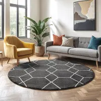 Muratap Trellis uni rond effen laagpolig vloerkleed modern donker 150 cm rond