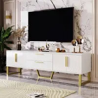 STILVORA TV-Kast - Hoogglans Met Gesneden Deuren En Gouden Handgrepen - 4 Deuren 2 Lades Met Kabeldoorvoer Voor Woonkamer - MDF - 170x40x53,5 Cm - Wit+Goud
