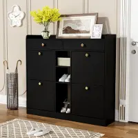 STILVORA Schoenenkast - Ruime Schoenkast Met 4 Klapdeuren, 2 Lades En 3 Open Vakken Voor Hal En Entree - Spaanplaat - 110x26x100 cm - Zwart