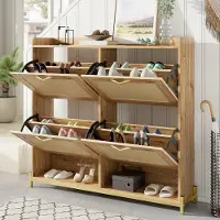 STILVORA Schoenenkast - Ruimtebesparend Met Rattan Deuren - 4 Deuren En Bovenplank - MDF Met Metaal Onderstel - 108,5x24x100 cm - Notenbruin