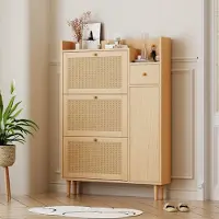 STILVORA Schoenenkast - Rieten Klapdeuren Met Lade - 3 Klapdeuren + 1 Lade Voor Smalle Hal En Appartement - MDF;Hout - 90x17x125 cm - Lichtbruin