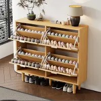 STILVORA Schoenenkast - Met 4 Kleplades En Ventilerend Rotan - Smal Model Voor Hal En Slaapkamer - Spaanplaat - Licht Eiken - 100x25x90 Cm