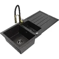 Mexen Andres granieten gootsteen 1,5-komorige met afdruiprek en keukenmengkraan Aster, zwart/zilver - 6515-73-73450-57-B