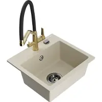 Mexen Milo granieten gootsteen 1-kompartment met keukenkraan Duo, beige - 6505-69-671701-57-B