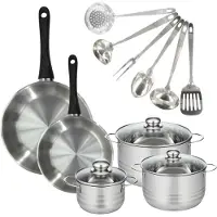Fackelmann Set 2 pannen 24 28 cm, 3 kookpotten 16, 20 en 24 cm in roestvrij staal en 6 roestvrijstalen keukengerei Geneva