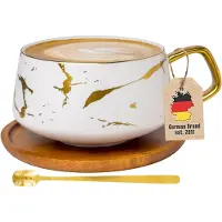 Intirilife Kop keramiek met marmerdesign in Wit - ongeveer 200 ml - Koffiemok, theemok met houten onderzetter Mok