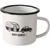 Boltze - Beker - Mok - Happy Camper - Emaille - Zwart/Wit - 300 ml - Camping Mok -
