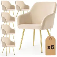 Akord Set van 6 Eetkamerstoelen ESTELLE met Armleuningen / Gestoffeerde Stoelen / Fluwelen Stoelen en Metalen Poten / Beige met gouden benen