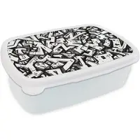 MuchoWow Broodtrommel Wit - Lunchbox Vormen - Letters - Graffiti - Zwart - Brooddoos 18x12x6 cm - Brood lunch box - Broodtrommels voor kinderen en volwassenen