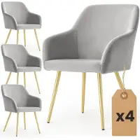 Akord Set van 4 Eetkamerstoelen ESTELLE met Armleuningen / Gestoffeerde Stoelen / Fluwelen Stoelen en Metalen Poten / Grijs met gouden benen