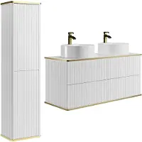 Vente-unique Zwevend badkamermeubel, geribbeld met dubbele ronde opzetwastafel en kolomkast - Wit - 120 cm - KELIZA