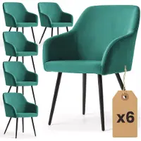 Akord Set van 6 Eetkamerstoelen ESTELLE met Armleuningen / Gestoffeerde Stoelen / Fluwelen Stoelen en Metalen Poten / Flesgroen met zwarte benen