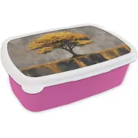 MuchoWow Broodtrommel Roze - Lunchbox Boom - Bladeren - Goud - Abstract - Brooddoos 18x12x6 cm - Brood lunch box - Broodtrommels voor kinderen en volwassenen