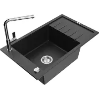 Mexen Elias granieten gootsteen 1-komor met afdruiprek en keukenkraan Flora, zwart/zilver metallic - 6511-73-670401-00