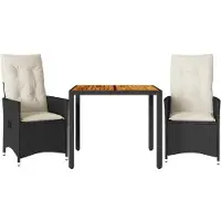 vidaXL 3-delige Bistroset met kussens poly rattan en acaciahout zwart