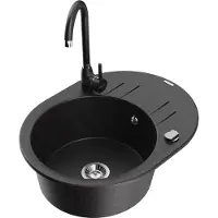 Mexen Kevin granieten spoelbak 1-komps met afdruiprek en keukenkraan Telma, zwart/zilver metallic - 6517-73-670200-70
