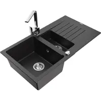 Mexen Matias granieten spoelbak 1,5-komorig met afdruiprek en keukenkraan Rita, zwart/zilver metallic - 6502-73-670300-00