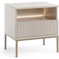 Vente-unique Nachtkastje met 1 lade en 1 nis - Met ledverlichting - Mdf en gerookt glas - Beige - OVILA