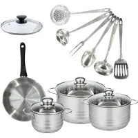 Fackelmann Set van 1 pan 20 cm roestvrij staal, glazen deksel, 3 roestvrijstalen kookpotten 16, 20 en 24 cm en 6 roestvrijstalen keukengerei Geneva