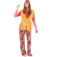 Vegaoo - Geel met roze hippie kostuum voor vrouwen