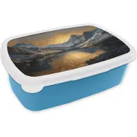 MuchoWow Broodtrommel Blauw - Lunchbox Berglandschap met Gouden Zonsondergang - Brooddoos 18x12x6 cm - Brood lunch box - Broodtrommels voor kinderen en volwassenen