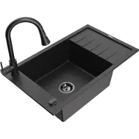Mexen Elias granieten spoelbak 1-kompartiment met afdruiprek en keukenkraan Elia, zwart/zilver metallic - 6511-73-670101-70-B