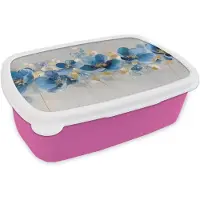 MuchoWow Broodtrommel Roze - Lunchbox Bloemen - Blauw - Abstract - Brooddoos 18x12x6 cm - Brood lunch box - Broodtrommels voor kinderen en volwassenen