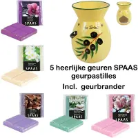 Spaas Geurwax Melts Set – 5 Geuren (20 Blokjes) + Keramische Geurbrander – Magnolia, Hammam, Exotic Wood, Jasmine & Orchid – 10 × 10 × 14 cm