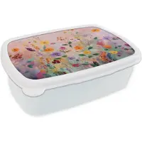 MuchoWow Broodtrommel Wit - Lunchbox Schilderij - Bloemen - Abstract - Kleurrijk - Brooddoos 18x12x6 cm - Brood lunch box - Broodtrommels voor kinderen en volwassenen