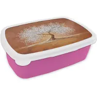 MuchoWow Broodtrommel Roze - Lunchbox Abstract - Boom - Wit - Bladeren - Brooddoos 18x12x6 cm - Brood lunch box - Broodtrommels voor kinderen en volwassenen