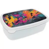 MuchoWow Broodtrommel Wit - Lunchbox Abstract - Graffiti - Kleurrijk - Verfspatten - Brooddoos 18x12x6 cm - Brood lunch box - Broodtrommels voor kinderen en volwassenen