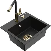 Mexen Milo granieten gootsteen met één bak en keukenkraan Flora, zwart/zilver metallic - 6505-73-670401-57-G
