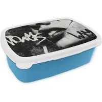 MuchoWow Broodtrommel Blauw - Lunchbox Gezicht - Mond - Graffiti - Zwart - Brooddoos 18x12x6 cm - Brood lunch box - Broodtrommels voor kinderen en volwassenen