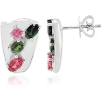 Cavill - Zilveren Oorbellen 925 Sterling Zilver - Petrolkleurige, Roze & Groene Toermalijn Ovaal - Elegante & Kleurrijke Sieraden