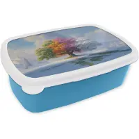 MuchoWow Broodtrommel Blauw - Lunchbox Boom - Seizoenen - Winter - Landschap - Brooddoos 18x12x6 cm - Brood lunch box - Broodtrommels voor kinderen en volwassenen
