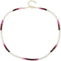 Cavill - 925 Sterling Zilver Vergulde Halsketting - Witte Zoetwaterparels & Tanzania Robijn - Gouden Hematiet - Verstelbaar 45-50 cm