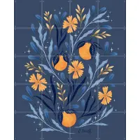 IXXI Wild Flowers and Oranges Blue and Gold, Rebecca Flaherty - 80 x 100 cm - Gratis ophangtool - Grote wanddecoratie en posters - Kleurrijk