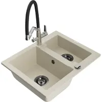 Mexen Carlos granieten spoelbak 1,5-komor met keukenkraan Duo, beige - 6518-69-671701-07-B