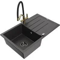 Mexen Bruno granieten spoelbak 1-kompartment met afdruiprek en Duo keukenkraan, zwart gespikkeld - 6513-76-671701-57-B