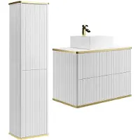 Vente-unique Zwevend badkamermeubel, geribbeld inclusief vierkante opbouwwastafel en kast - Wit - 80 cm - KELIZA