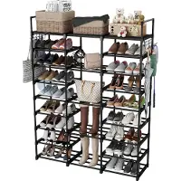 DIY Schoenenrek met 9 niveaus, metalen schoenenrekken, 50-55 paar schoenen op te bergen, staande schoenenkast met haken voor woonkamer, kleedkamer en hal - Zwart