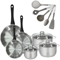 Fackelmann Set van 3 RVS Pannen 20/24/28cm Geneva & 3 Kookpotten 16/20/24cm met 5 Keukengerei