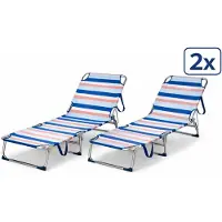 HEM 2x Strandligbed Opvouwbaar – Aluminium Ligstoel – Verstelbare Rugleuning 3 Standen – Lichtgewicht Outdoor Strandbed – Streeppatroon Blauw/Wit/Roze – Inclusief 2x Microvezeldoekje