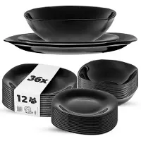 Kadax servies voor 12 personen, 36-delig, servies met soepbord, dessertbord en dinerbord, eetgerei, servies, bordservies (zwart)