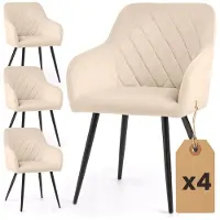 Akord Set van 4 Eetkamerstoelen VELTO met Armleuningen / Gestoffeerde Stoelen / Fluwelen Stoelen en Metalen Poten / Beige met zwarte benen