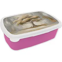 MuchoWow Broodtrommel Roze - Lunchbox Boom - Bladeren - Abstract - Wit - Brooddoos 18x12x6 cm - Brood lunch box - Broodtrommels voor kinderen en volwassenen