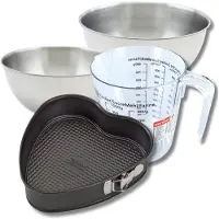 Zenker Bakkersset met hartvormige taartvorm 27 x 25 cm van staal, 2 mengkommen, maatbeker en spatel