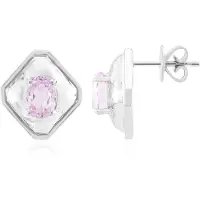 Cavill - Zilveren Oorbellen 925 Sterling Zilver met Palladium - 1,836 ct Ovale Kunziet uit Afghanistan - Modern Zeshoekig Design - 15 mm